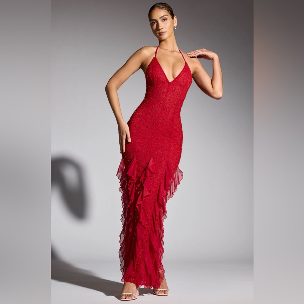 Oh Polly Anley Maxi Embellished Halter Ruffle Dress